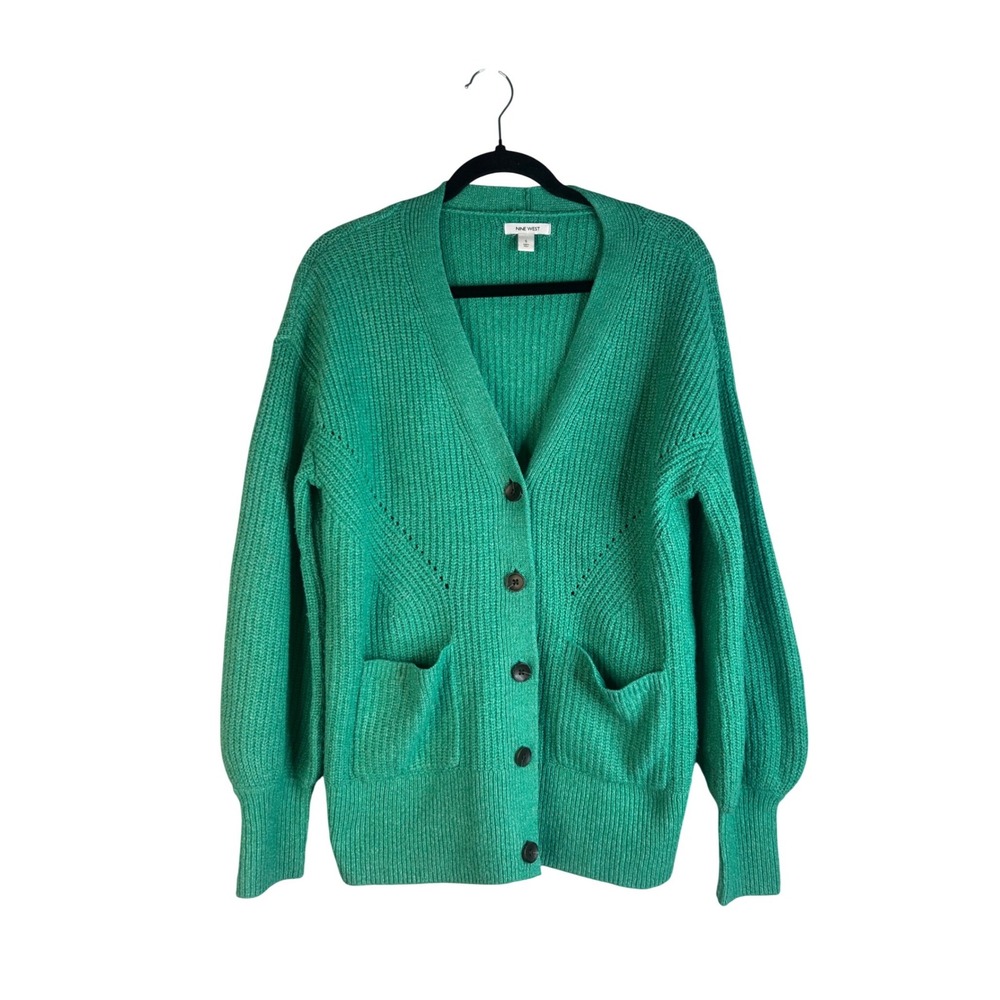 Nine West Women's Kelly Green Shaker Stitch Button Front Cardigan Sweater Size S